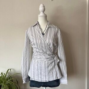 Vintage Denver Hayes Pinstripe Wrap Long Sleeve Top Women Sz S Silver Office NWT